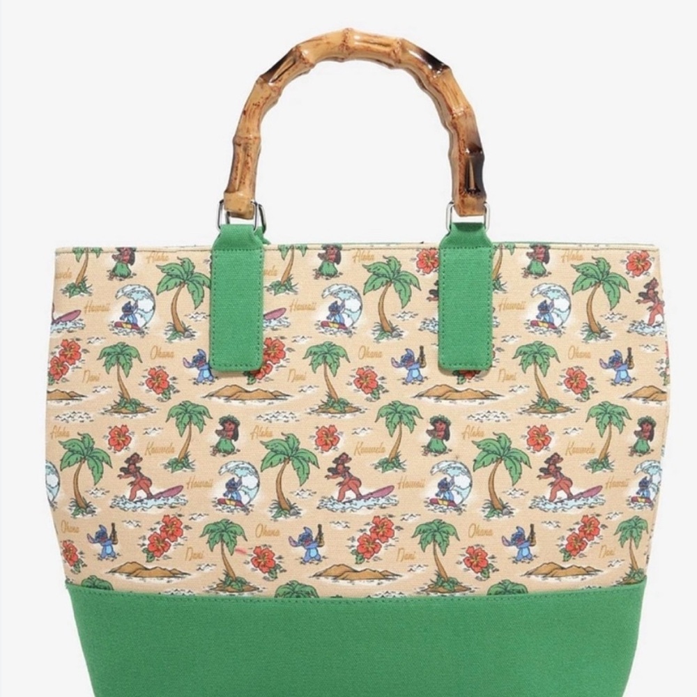 Loungefly Disney Lilo & Stitch Canvas Map Bamboo Handle Tote Bag Hawaiian NWT